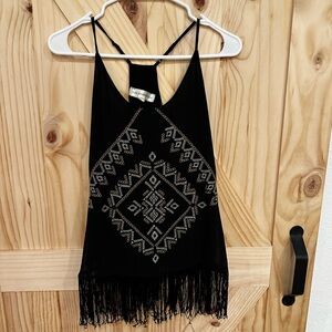 Black Aztec Tank Top with Tassel Bottom